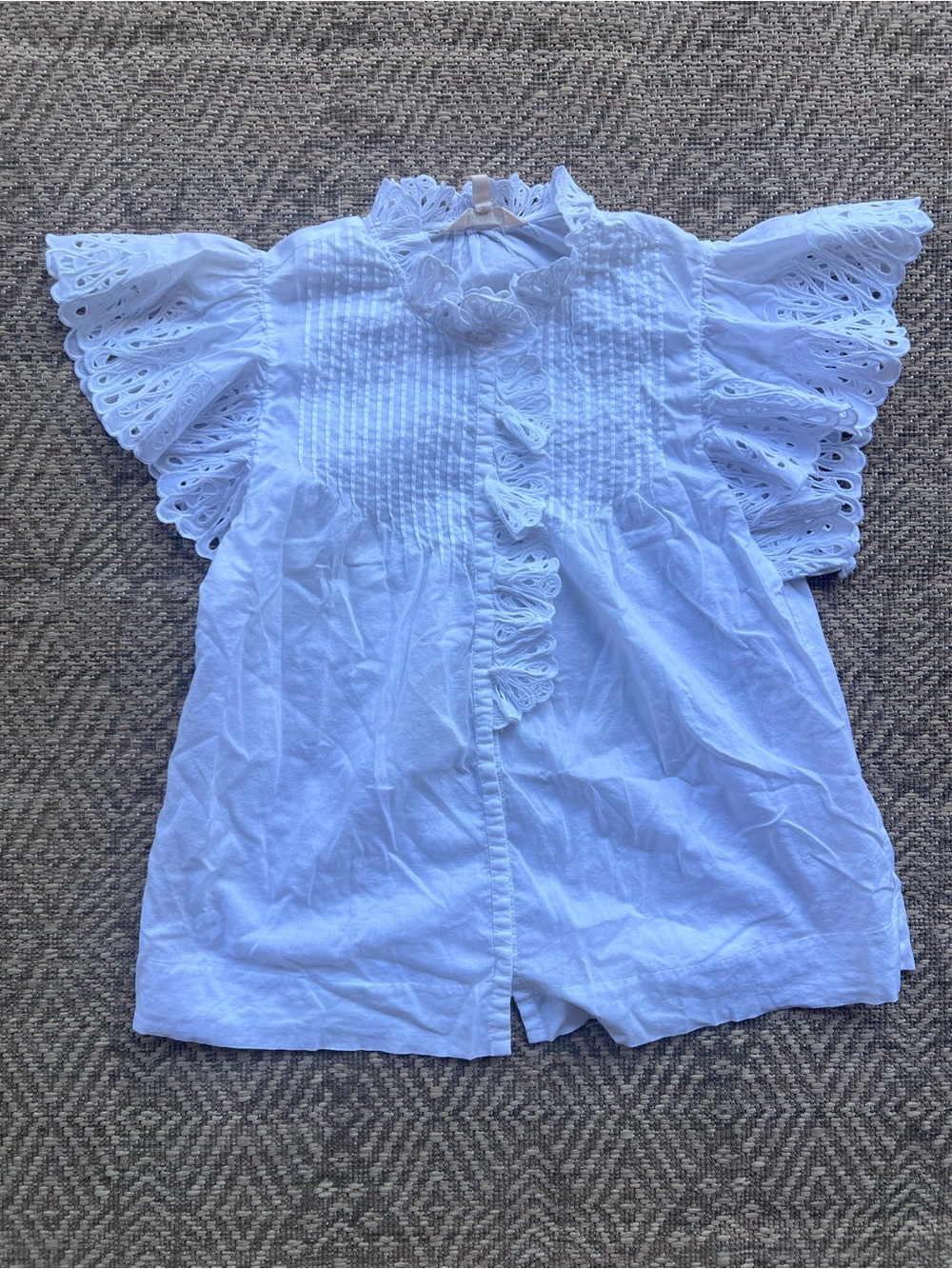 Rebecca Taylor Blouse 2 White Cotton Eyelet Flutter Sleeve Pintuck Ruffle Top